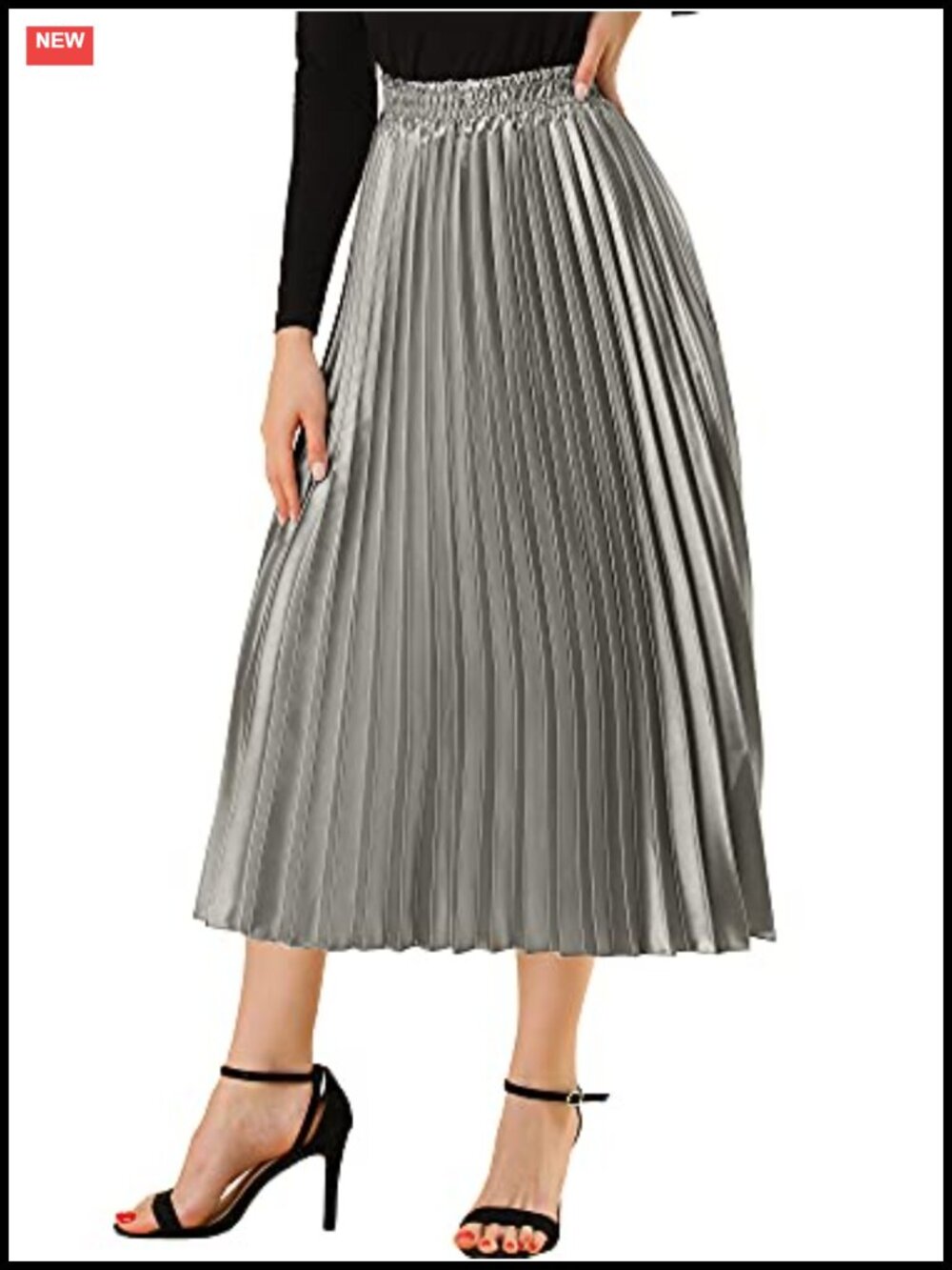 Pleated Midi Skirt High Waisted Metallic A-Line Party Clubwear